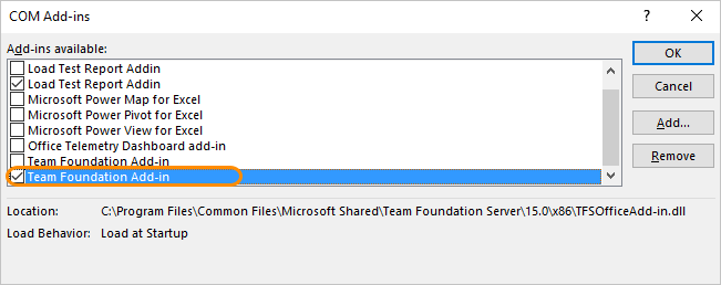 COM Add-ins dialog, Team Foundation Add-in checked