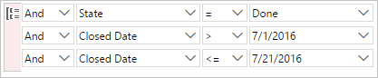 Screenshot of query editor, Clause for finding items closed within a specified time period.