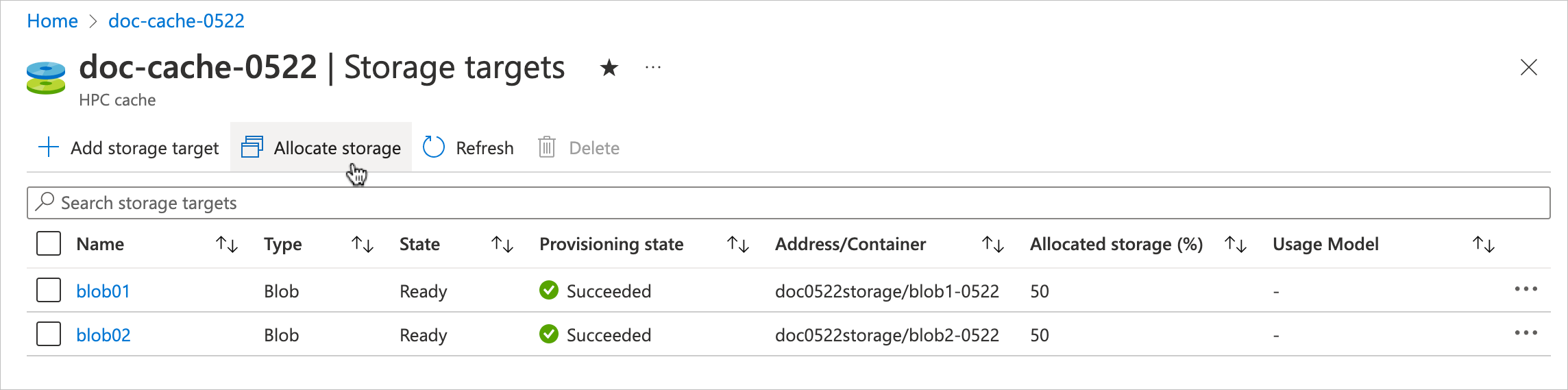 Captura de pantalla de la página destinos de almacenamiento en Azure Portal. El puntero del mouse se encuentra sobre el botón 