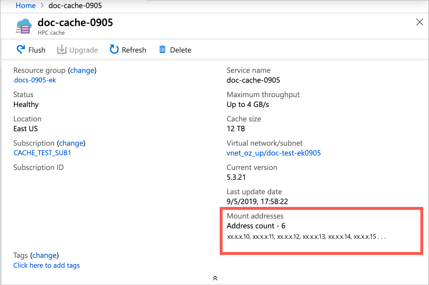 captura de pantalla de la página Información general de la instancia de Azure HPC Cache, con un cuadro de resaltado alrededor de la lista de direcciones de montaje en la parte inferior derecha