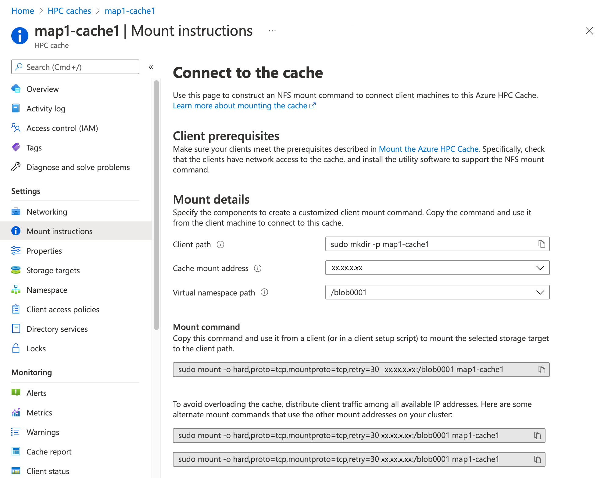 captura de pantalla de una instancia de Azure HPC Cache en el portal, con la página Configurar > instrucciones de montaje cargada