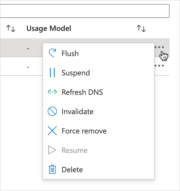 Captura de pantalla de la página destinos de almacenamiento en Azure Portal, con el cursor sobre el menú expuesto haciendo clic en el símbolo de tres puntos (...) situado a la derecha de la fila del destino de almacenamiento en la lista.