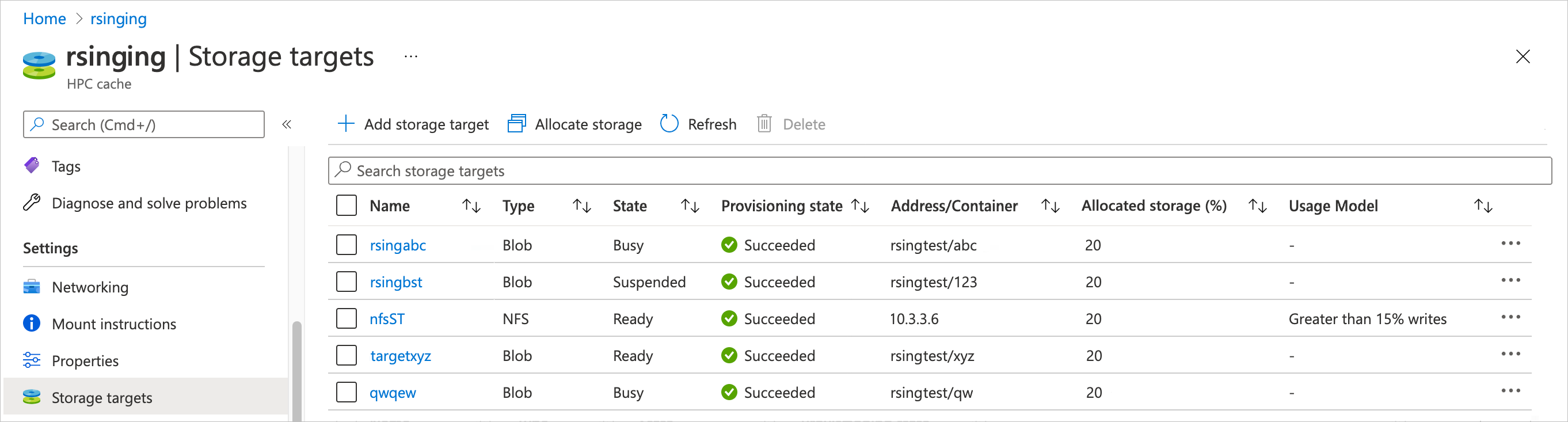 Captura de pantalla de la página de Destinos de Almacenamiento de Configuración (Settings Storage targets) en el portal de Azure. Hay varios destinos de almacenamiento en la lista, y los encabezados de columna muestran Nombre, Tipo, Estado, Estado de aprovisionamiento, Dirección/Contenedor y Modelo de uso para cada uno.