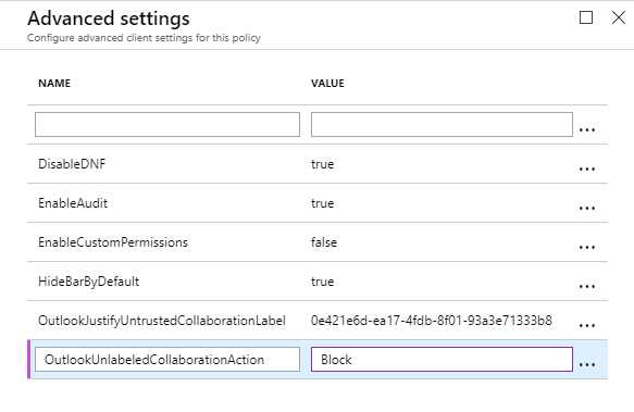 Azure Information Protection tutorial - change OutlookUnlabeledCollaborationAction advanced client setting to Block value
