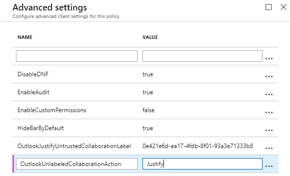 Azure Information Protection tutorial - change OutlookUnlabeledCollaborationAction advanced client setting to Justify value