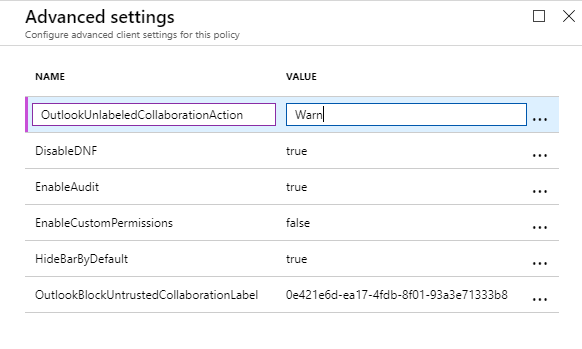 Azure Information Protection tutorial - create OutlookUnlabeledCollaborationAction advanced client setting with Warn value 