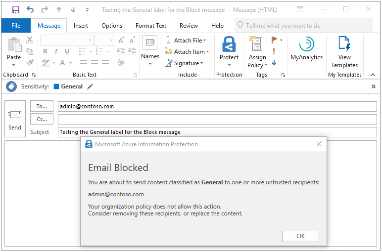 Azure Information Protection tutorial - block email popup message