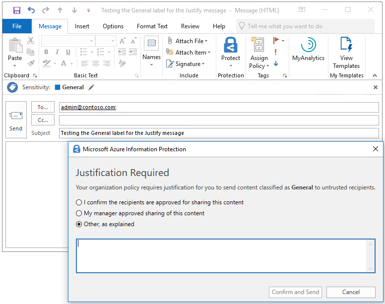 Azure Information Protection tutorial - see OutlookJustifyUntrustedCollaborationLabel advanced client setting 