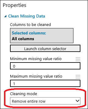 Establecimiento del modo de limpieza en Remove entire row (Quitar la fila entera) para el módulo Clean Missing Data (Limpiar los datos que faltan)