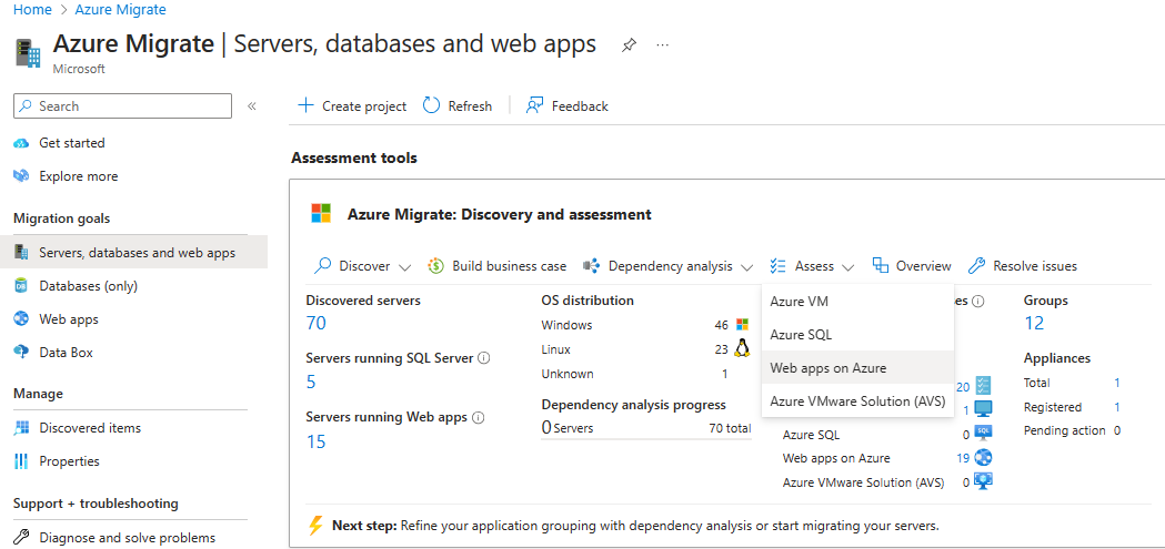Captura de pantalla de la página Información general de Azure Migrate.