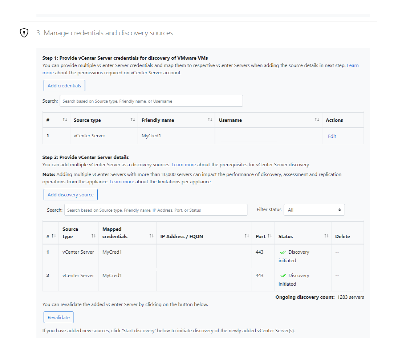 Captura de pantalla que muestra la administración de credenciales y orígenes de detección para vCenter Server en el administrador de configuración del dispositivo.