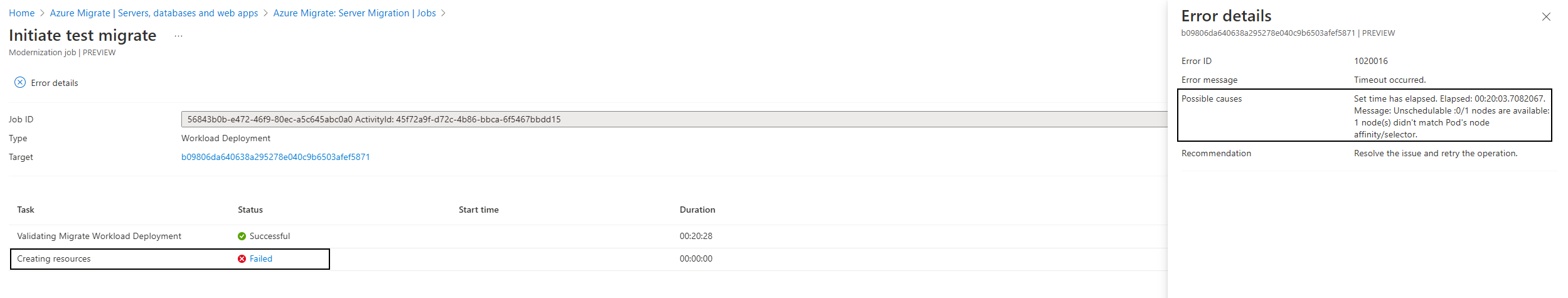 Captura de pantalla de la tarea de migración de pruebas fallida.