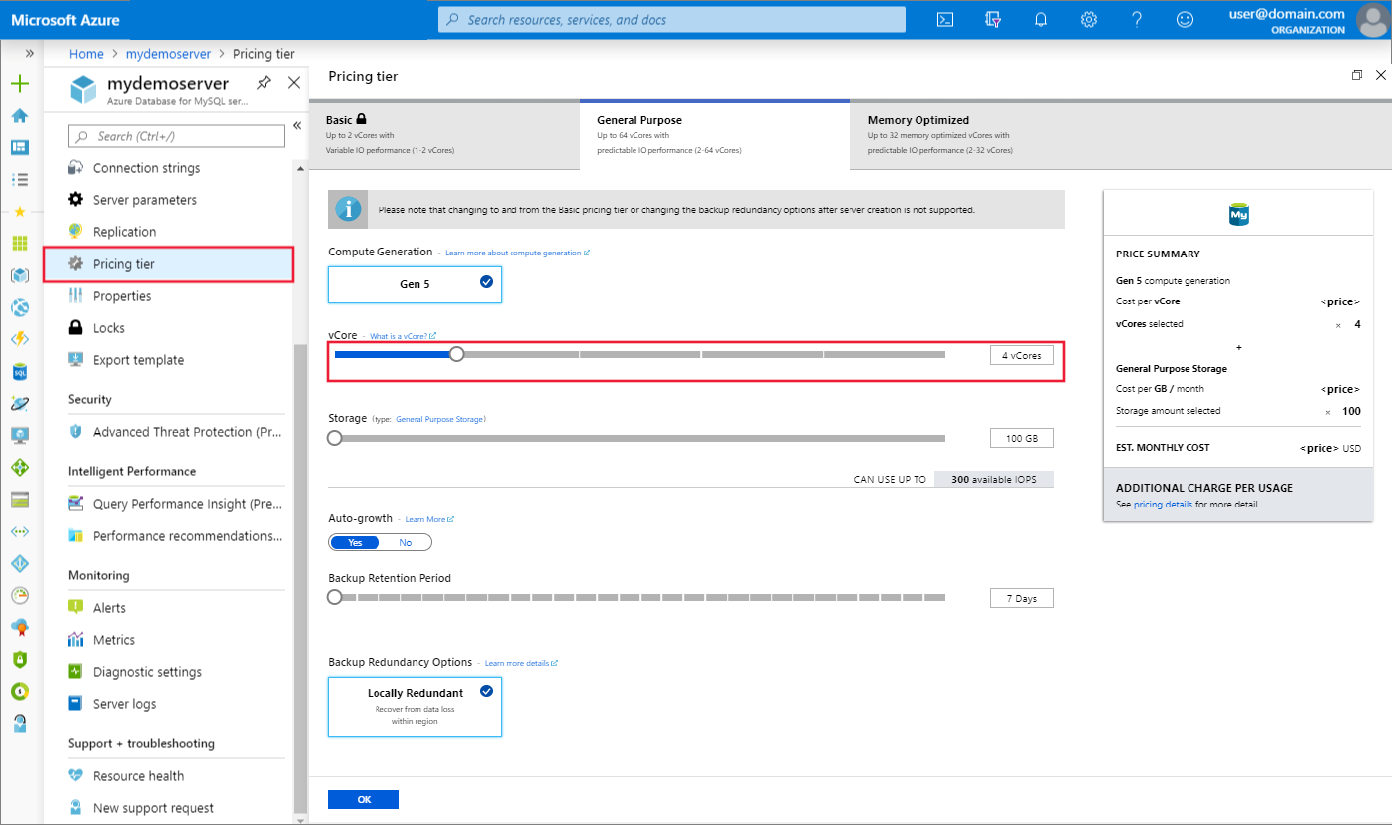 Captura de pantalla de Azure Portal para elegir la opción de núcleo virtual en Azure Database for MySQL