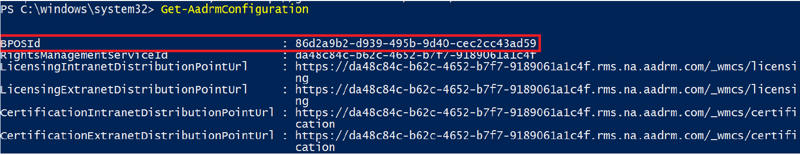 Salida del cmdlet Get-AadrmConfiguration