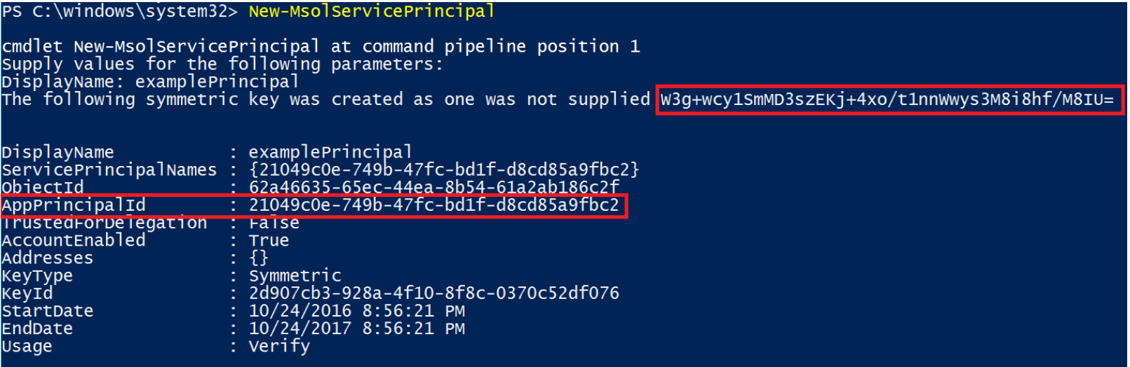 NewMsolServicePrincipal cmdlet output