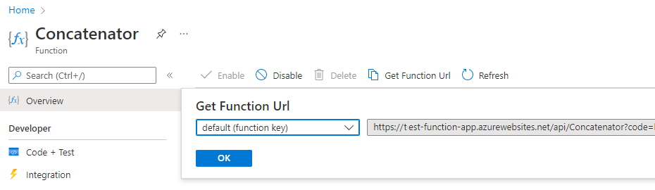 Captura de pantalla del comando Obtener dirección URL de la función en Azure Portal.