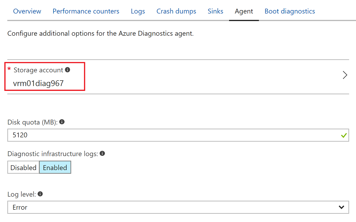 Captura de pantalla del panel de configuración de Azure Diagnostics