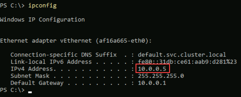 Captura de pantalla de la salida de ipconfig en la consola de PowerShell del contenedor de prueba.