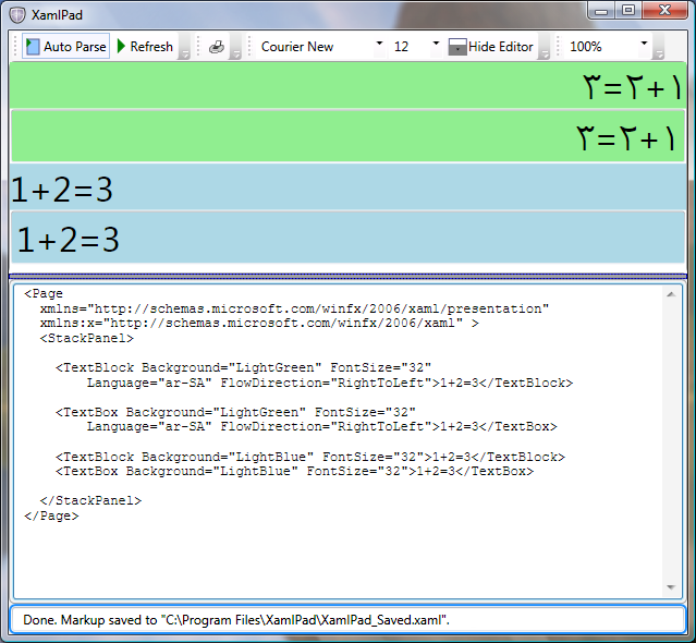 Captura de pantalla de XamlPad con números