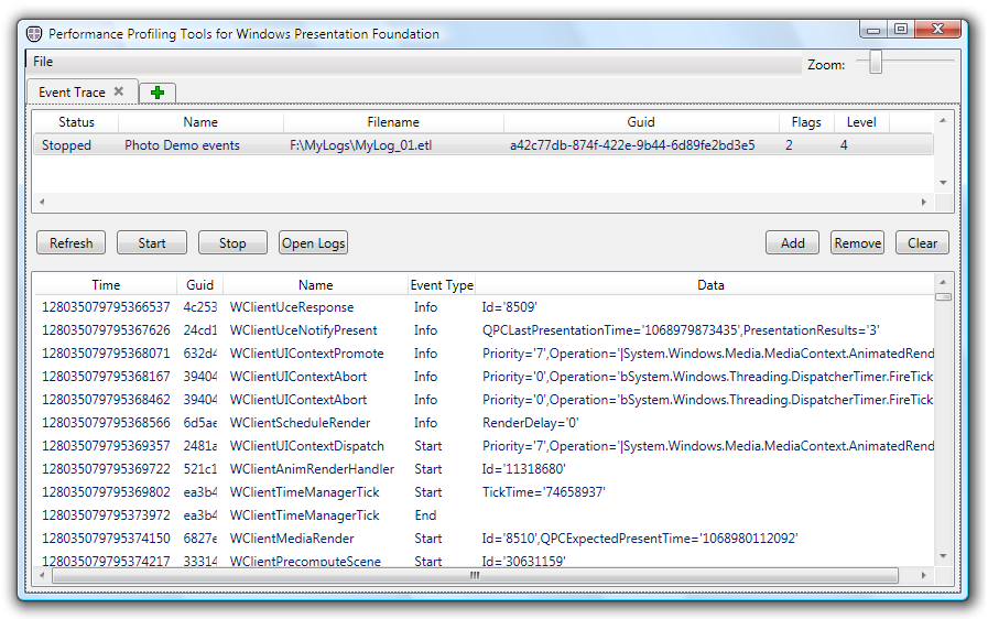 Ventana principal de Event Trace con información de registro