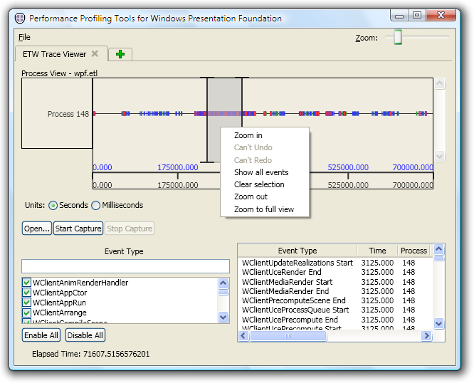 Ventana principal de Trace Viewer con registro de eventos