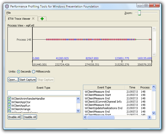 Ventana principal de Trace Viewer con registro de eventos