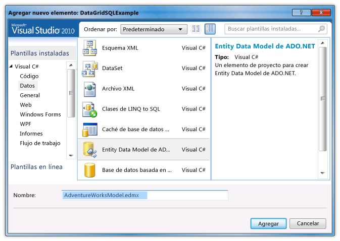 Seleccionar Entity Data Model de ADO.NET