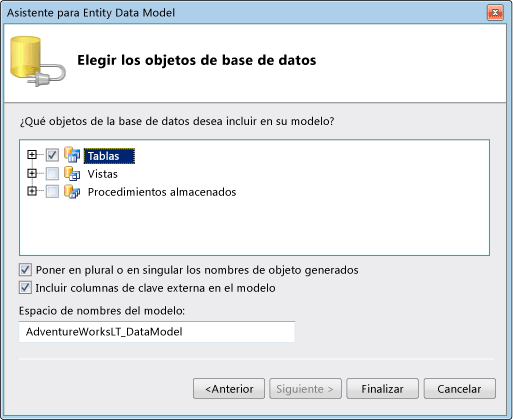 Cliente de servicio de dominio de ASP.NET: cuadro de diálogo Elegir objetos de base de datos