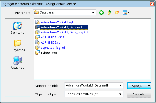 Cliente de servicio de dominio de ASP.NET: cuadro de diálogo Agregar elemento existente