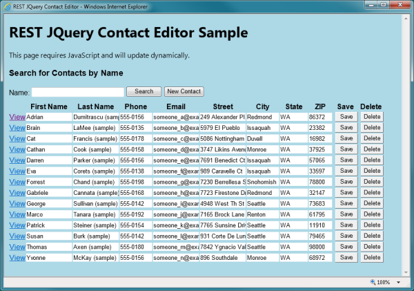 Muestra de editor de contactos de JQuery de REST