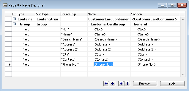 NAV_CardPageElements Customer Card page in Page Designer