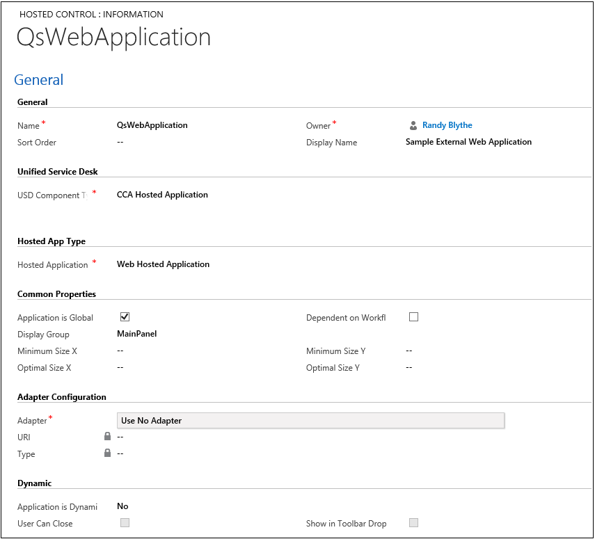 Captura de pantalla de configuración de aplicación web en Dynamics 365