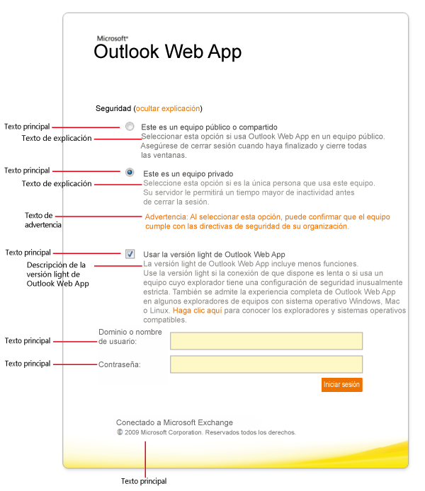 Página de inicio de sesión de Outlook Web App con opciones de texto