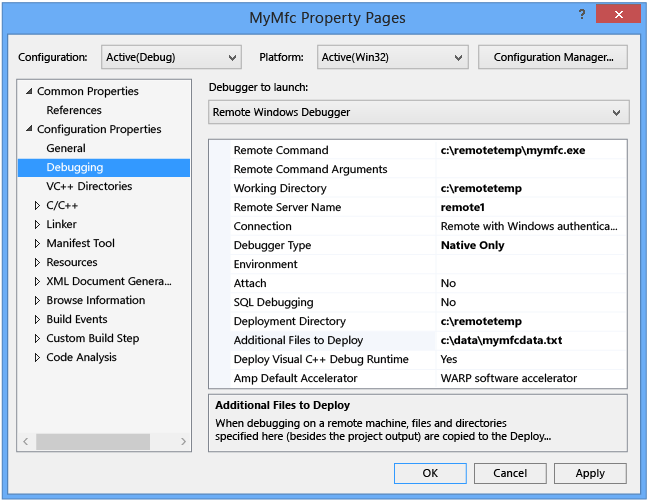 Página de propiedades de depuración del proyecto MyMfc