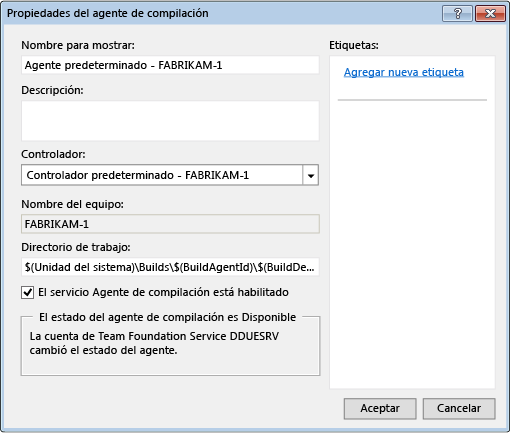 Cuadro de diálogo Propiedades del agente de compilación