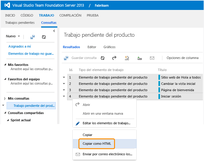 Copiar como elementos de trabajo HTML seleccionados