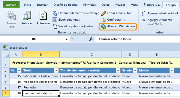 Abrir un elemento de trabajo en TWA desde Excel