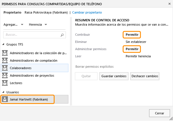 Cuadro de diálogo de permisos de una consulta