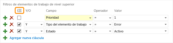 Agrupar las cláusulas de consulta seleccionadas