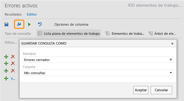 Guardar consulta como, Carpeta=Mis consultas