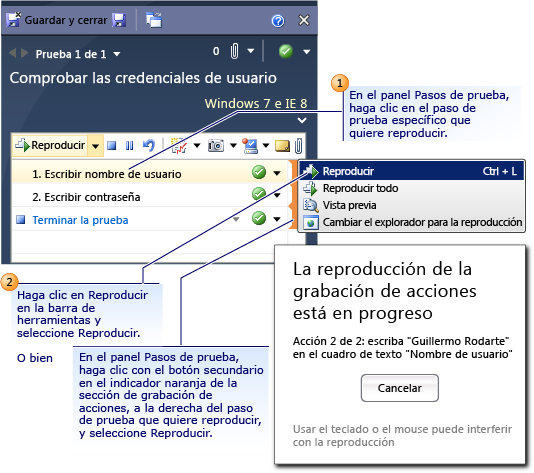 Reproducción de grabación de acciones en Test Runner