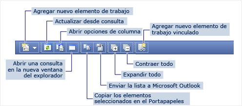 Barra de herramientas para el elemento web Resultados de la consulta