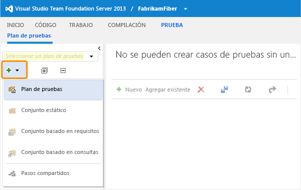 Botón Nuevo en el panel del explorador de planes de pruebas