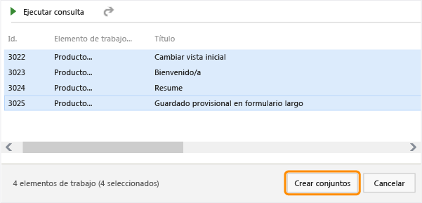 Seleccionar elementos de la lista y, a continuación elegir Crear conjuntos.