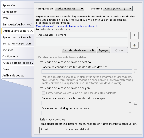 Pestaña Empaquetar/publicar SQL