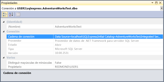 Ventana Propiedades que muestra la cadena de conexión