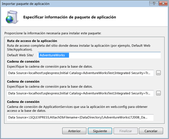 Cuadro de diálogo para escribir la información del paquete de aplicaciones