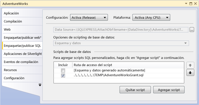 Cuadrícula Scripts de base de datos de la Pestaña Empaquetar/publicar SQL