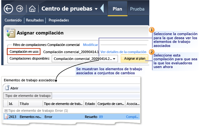 Seleccionar una compilación para usar en el plan de pruebas