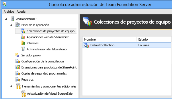 La consola de administración de TFS no se muestra desasociada.